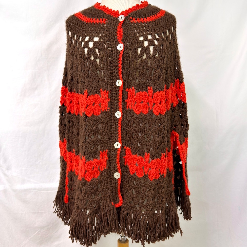 VINTAGE 70s Handmade Crochet Poncho Cape Brown Orange Fringe One Size Retro Boho